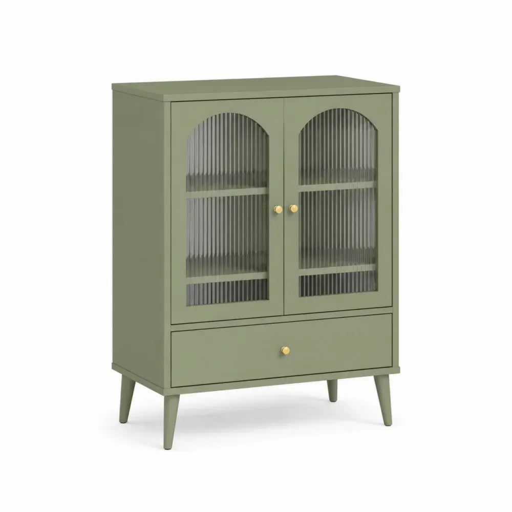 Aufbewahrungsschrank mit 2 Glastüren Schublade und bogenförmigen Fronten 80 x 38 x 100 cm lackierte MDF-Platte geriffeltes gehärtetes Glas Salbeigrün Rauchgrau Messingfarben