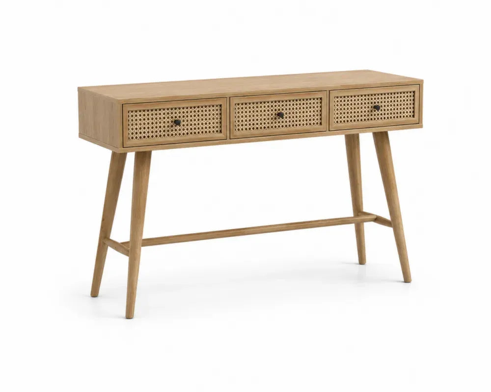Konsolentisch rechteckig mit 3 Schubladen und Rattanfront 110 x 35 x 78 cm MDF Kautschukholz Naturbraun Naturbeige Schwarz