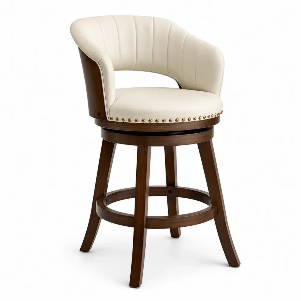 Barhocker Thekenstuhl drehbar mit halbrunder Rückenlehne Fußring PU-Kunstleder Kautschukholz Creme Walnussbraun 58 x 58 x 105 cm