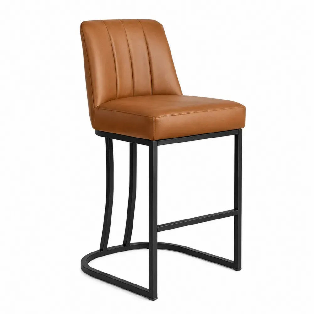 Barhocker mit Rückenlehne Fußstütze und rechteckigem Kufengestell 48 x 55 x 103 cm PU-Kunstleder pulverbeschichteter Stahl Cognacbraun Schwarz