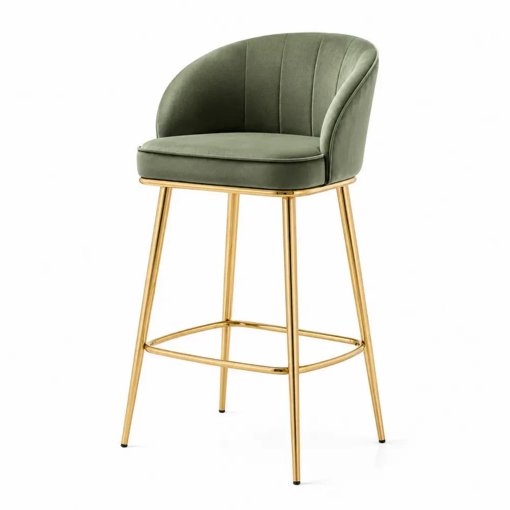 Barhocker mit halbrunder Rückenlehne Armlehnen und umlaufender Fußstütze 55 x 54 x 99 cm Polyester-Samt Stahlrohr Olivgrün Goldfarben