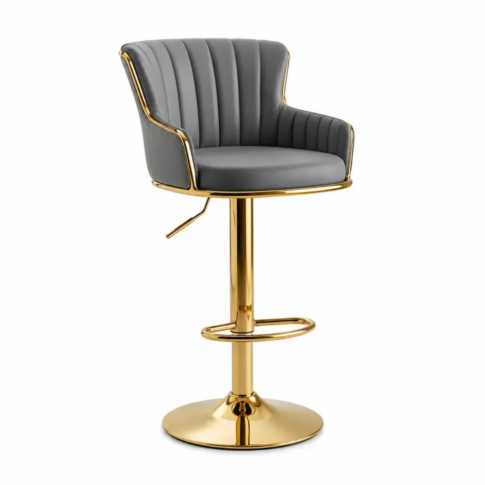 Barhocker höhenverstellbar drehbar mit Armlehnen Fußstütze PU-Kunstleder Stahl Grau Goldfarben 58 x 55 x 92-112 cm