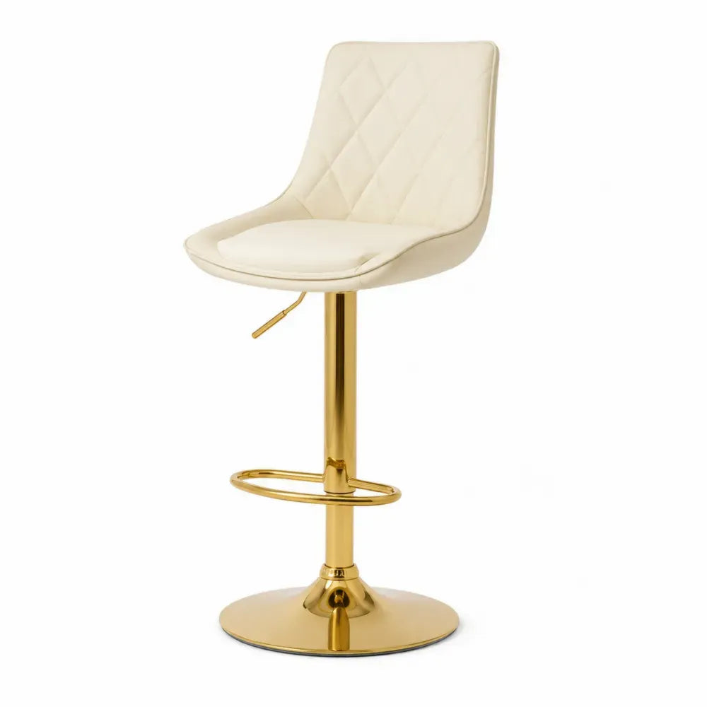 Barhocker Thekenstuhl höhenverstellbar drehbar mit Steppung und Fußstütze 45 x 52 x 90-111 cm PU-Kunstleder beschichteter Stahl Creme Goldfarben