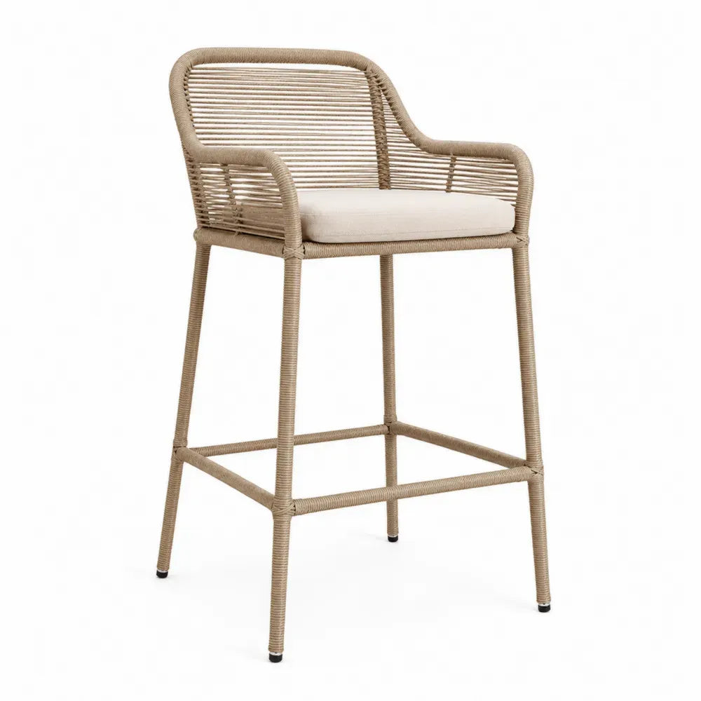 Barhocker mit Rückenlehne Armlehnen Fußstütze PE-Rattan Stahl Polyester Naturbeige Cremeweiß 58 x 56 x 104 cm