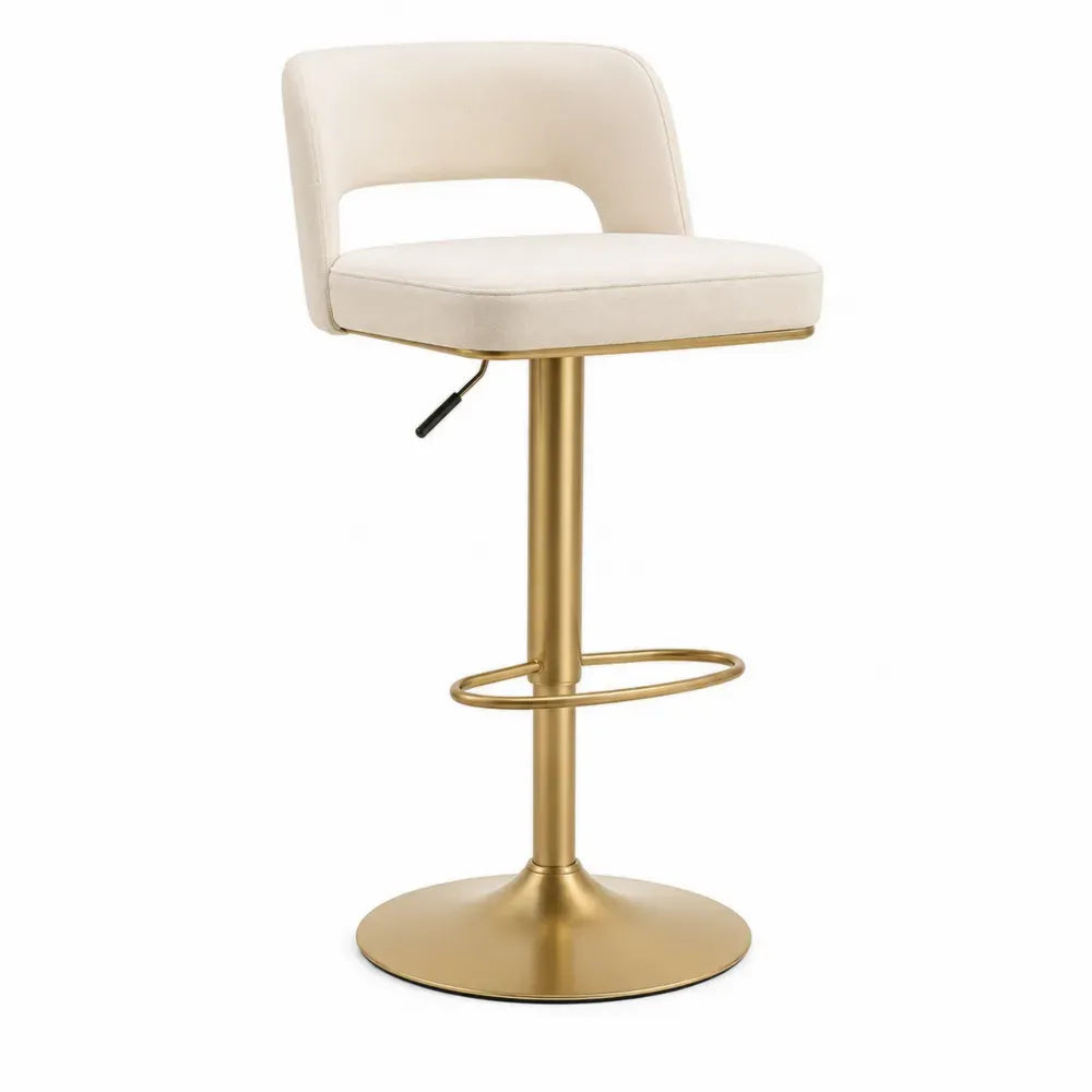 Barhocker höhenverstellbar drehbar mit Rückenlehne Fußstütze Polyesterbezug Stahl Cremeweiß Goldfarben 48 x 50 x 83-104 cm