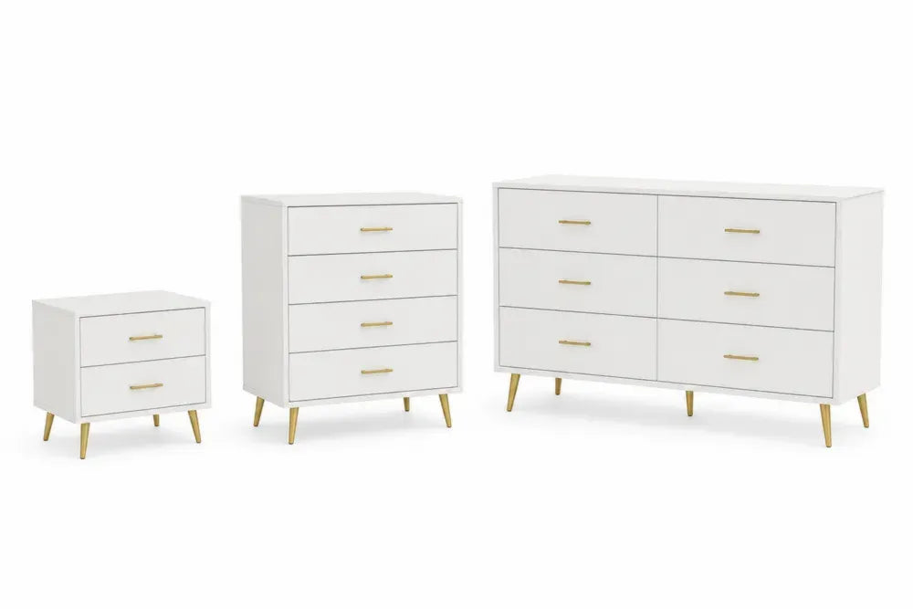 Kommoden Set 3-teilig mit 12 Schubladen rechteckig MDF Weiß Goldfarben Nachttisch 45 x 40 x 52 cm Kommode 80 x 40 x 92 cm Sideboard 120 x 40 x 78 cm