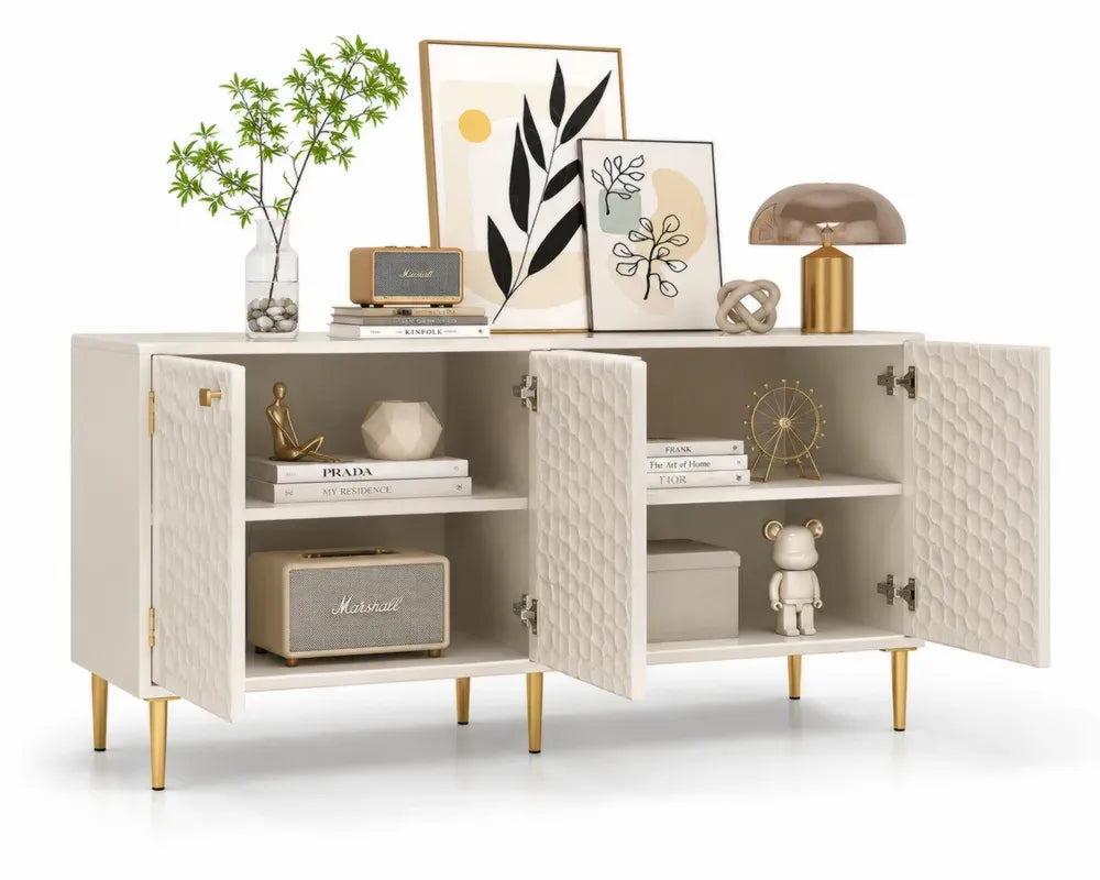Aufbewahrungsschrank Sideboard mit 4 Türen 160 x 40 x 78 cm MDF rechteckig Cremeweiß Goldfarben