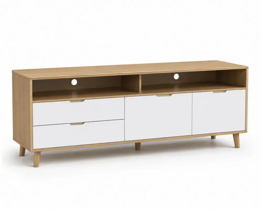 TV-Lowboard Aufbewahrungsschrank mit 2 Kabelöffnungen 2 Schubladen und 2 Türen 160 x 40 x 55 cm melaminbeschichtete Spanplatte rechteckig Eiche Natur Weiß