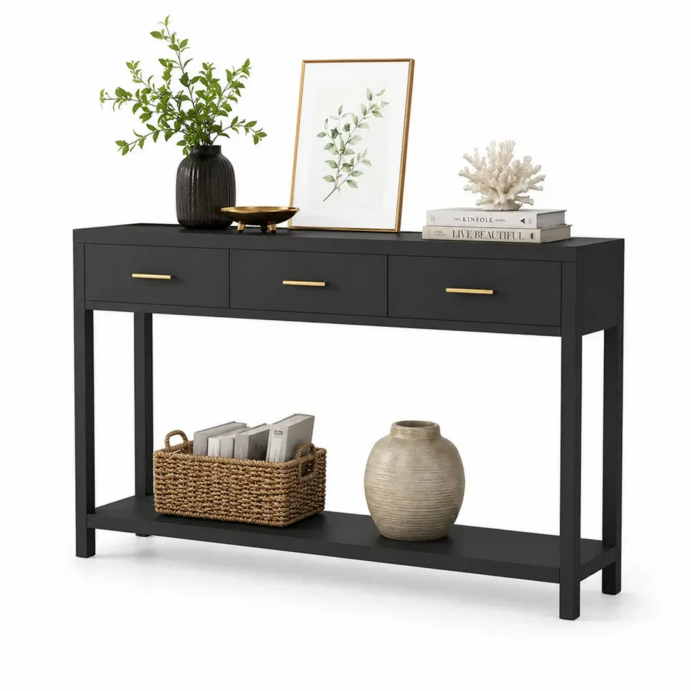 Konsolentisch rechteckig mit 3 Schubladen und Ablageboden 120 x 35 x 80 cm MDF Schwarz Goldfarben