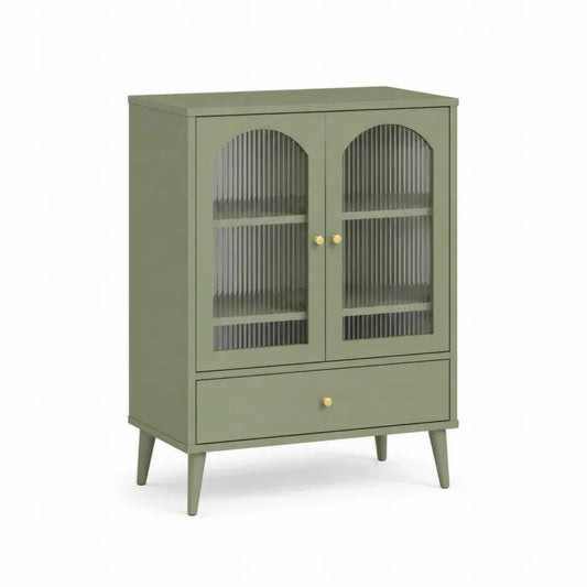 Aufbewahrungsschrank mit 2 Glastüren Schublade und bogenförmigen Fronten 80 x 38 x 100 cm lackierte MDF-Platte geriffeltes gehärtetes Glas Salbeigrün Rauchgrau Messingfarben