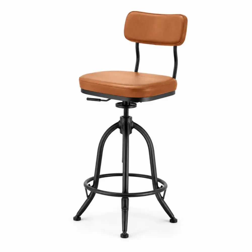 Barhocker Thekenhocker höhenverstellbar mit Rückenlehne Fußring PU-Kunstleder Stahl Cognacbraun Schwarz 45 x 48 x 92-108 cm