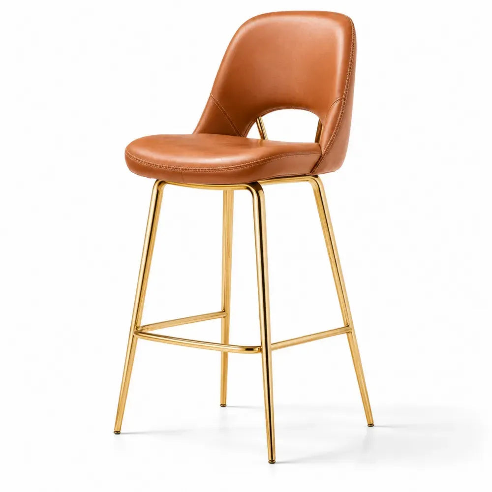 Barhocker mit Rückenlehne offener Aussparung und Fußstütze 49 x 52 x 105 cm PU-Kunstleder Stahlrohr Cognacbraun Goldfarben