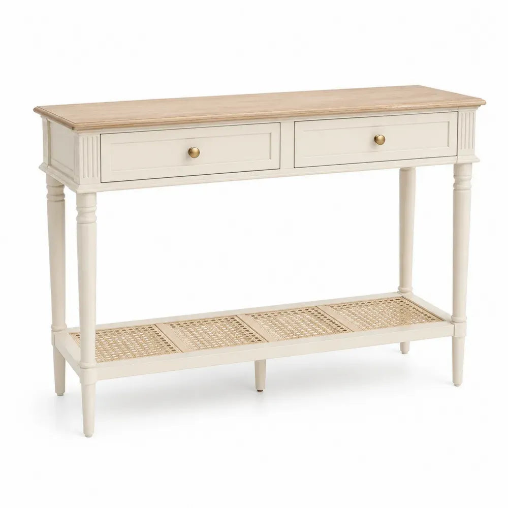 Konsolentisch schmal mit 2 Schubladen und Rattan-Ablage 120 x 35 x 80 cm lackierte MDF-Platte Kautschukholz Rattan rechteckig Creme Naturholz Messingfarben