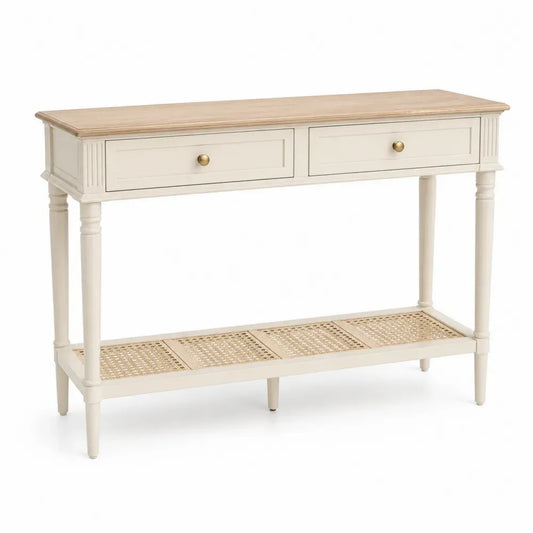 Konsolentisch schmal mit 2 Schubladen und Rattan-Ablage 120 x 35 x 80 cm lackierte MDF-Platte Kautschukholz Rattan rechteckig Creme Naturholz Messingfarben