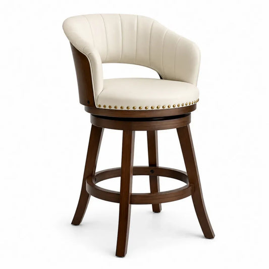 Barhocker Thekenstuhl drehbar mit halbrunder Rückenlehne Fußring PU-Kunstleder Kautschukholz Creme Walnussbraun 58 x 58 x 105 cm