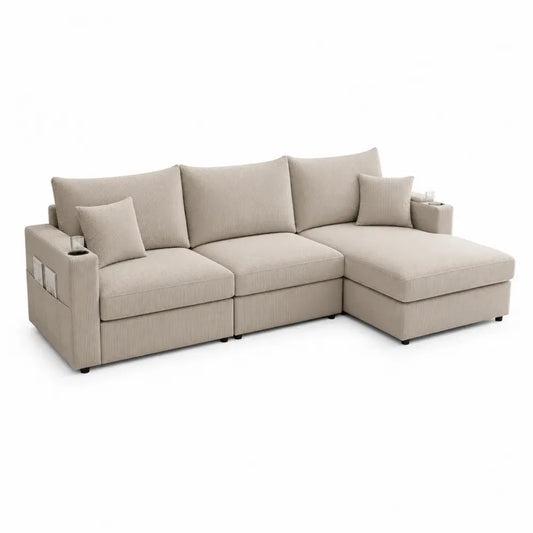 Modulares Sofa L Form 4 Sitzer mit Recamiere rechts 285 x 160 x 86 cm Polyester Cord Beige Schwarz