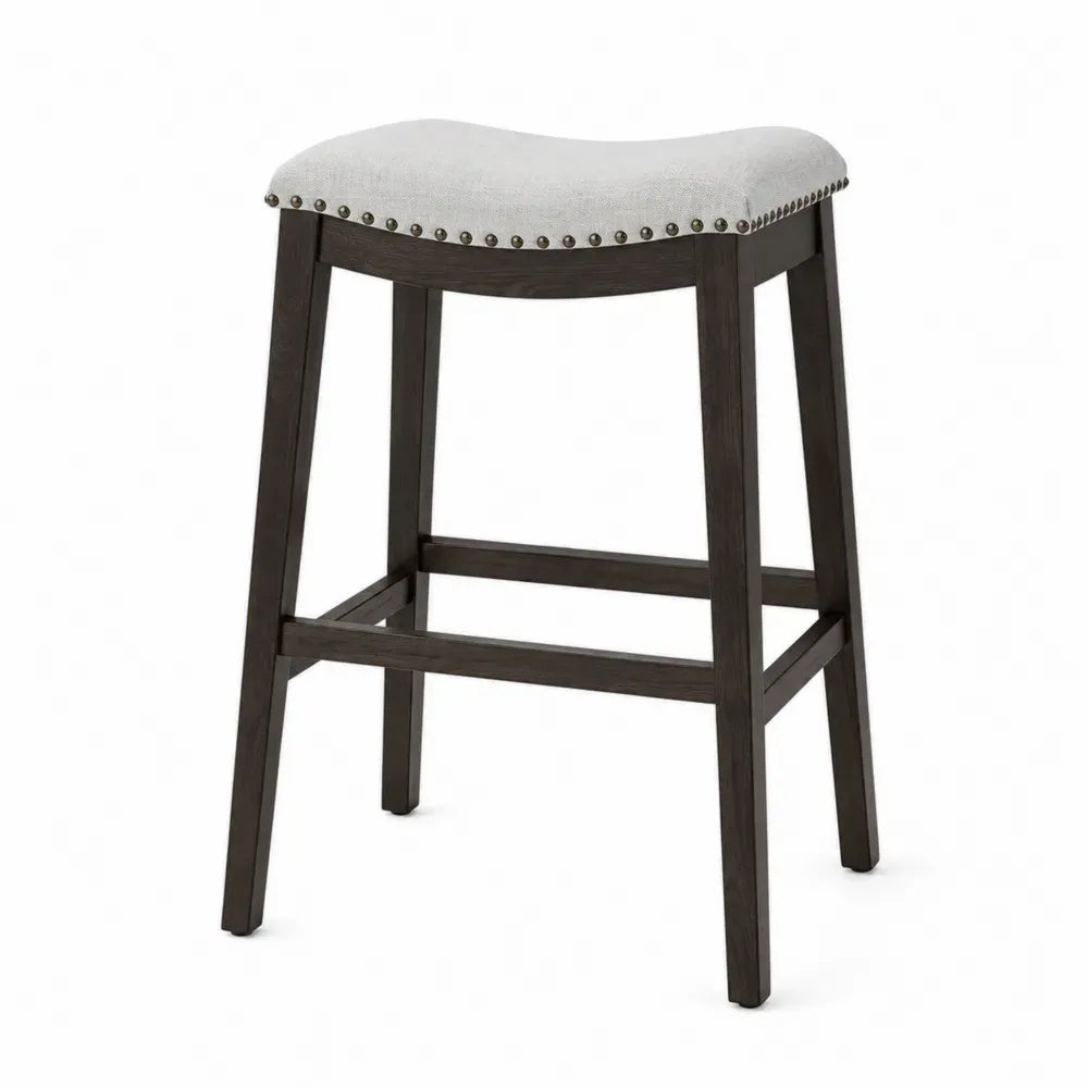 Barhocker ohne Rückenlehne mit gepolsterter Sitzfläche Kautschukholz Polyestergewebe Dunkelbraun Hellgrau 48 x 38 x 76 cm