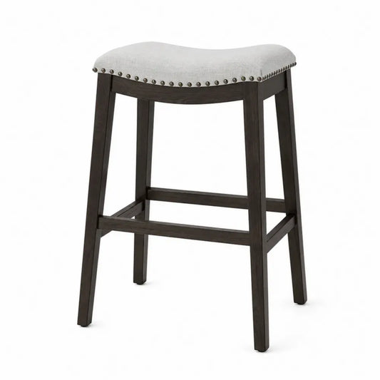 Barhocker ohne Rückenlehne mit gepolsterter Sitzfläche Kautschukholz Polyestergewebe Dunkelbraun Hellgrau 48 x 38 x 76 cm