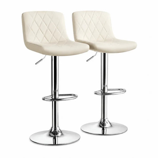 2er Set Barhocker höhenverstellbar drehbar mit Rautensteppung Fußstütze und Tellerfuß 43 x 48 x 88-110 cm PU-Kunstleder verchromter Stahl Creme Silber
