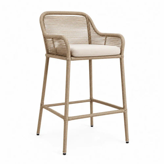 Barhocker mit Rückenlehne Armlehnen Fußstütze PE-Rattan Stahl Polyester Naturbeige Cremeweiß 58 x 56 x 104 cm