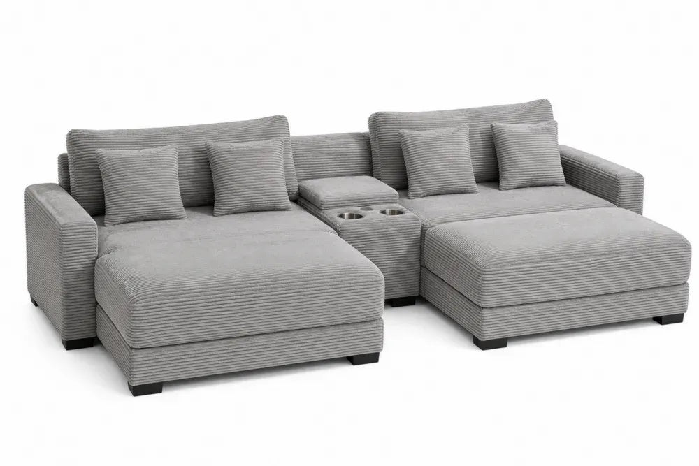 Modulares U-Sofa 5-Sitzer mit 2 Recamieren Mittelkonsole und Getränkehaltern 305 x 165 x 86 cm Polyester-Cord Massivholz Sperrholz Grau Schwarz Silberfarben