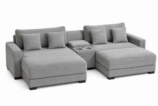 Modulares U-Sofa 5-Sitzer mit 2 Recamieren Mittelkonsole und Getränkehaltern 305 x 165 x 86 cm Polyester-Cord Massivholz Sperrholz Grau Schwarz Silberfarben