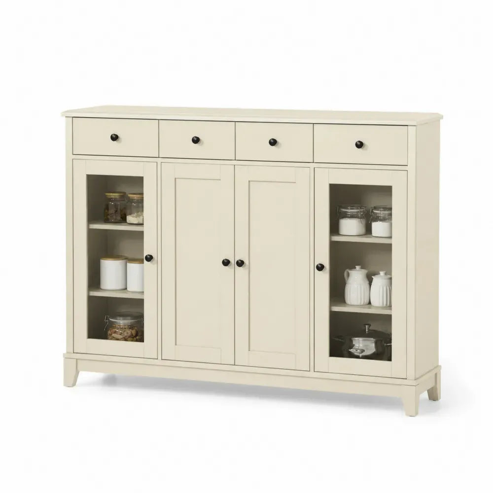 Aufbewahrungsschrank Sideboard mit 4 Schubladen und 4 Türen 140 x 40 x 90 cm MDF gehärtetes Glas rechteckig Creme Schwarz