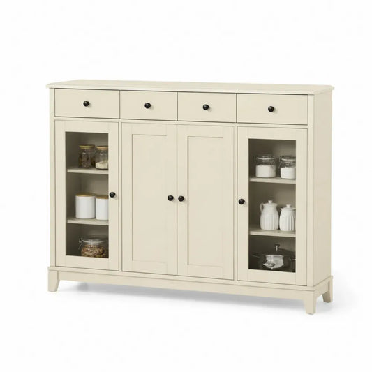 Aufbewahrungsschrank Sideboard mit 4 Schubladen und 4 Türen 140 x 40 x 90 cm MDF gehärtetes Glas rechteckig Creme Schwarz