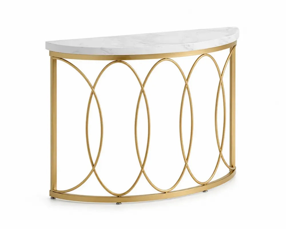 Konsolentisch halboval mit Marmor-Dekor Tischplatte 110 x 35 x 80 cm MDF-Platte Stahlgestell Weiß Grau Goldfarben