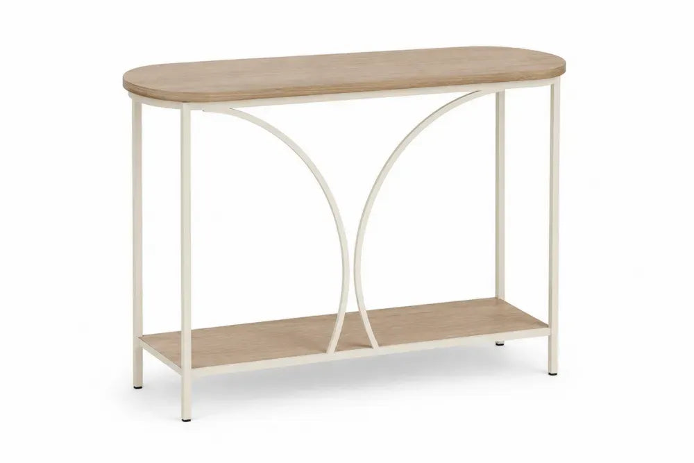 Konsolentisch schmal mit abgerundeter Tischplatte und Ablage 110 x 30 x 80 cm Spanplatte Stahl Eiche hell Creme
