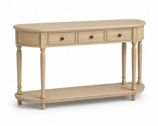 Konsolentisch mit 3 Schubladen und unterer Ablage 140 x 40 x 80 cm furnierte MDF-Platte Kautschukholz halbrund Naturholz Dunkelbronze