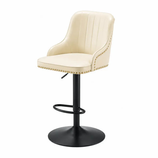 Barhocker Thekenstuhl höhenverstellbar drehbar mit Armlehnen Fußstütze Ziernieten PU-Kunstleder Stahl Creme Schwarz 55 x 56 x 88-109 cm