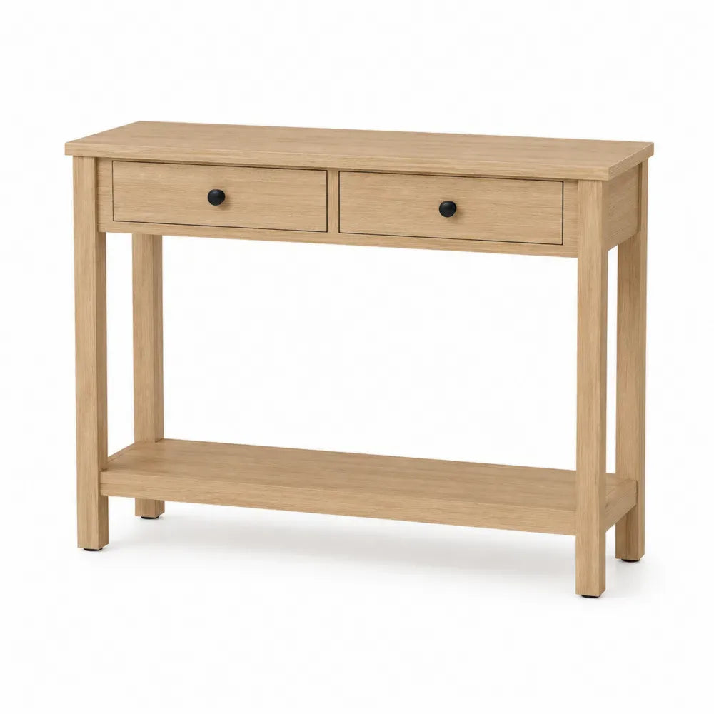 Konsolentisch rechteckig mit 2 Schubladen und Ablage 100 x 35 x 80 cm MDF Kautschukholz Eiche Natur Schwarz